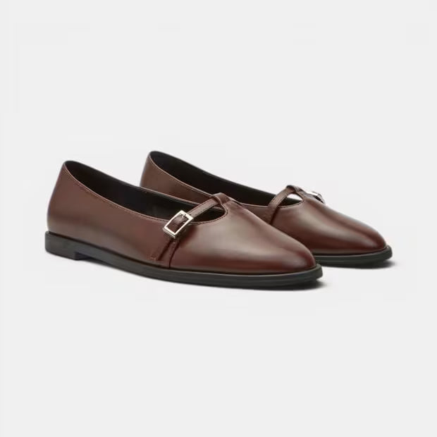 Brown leather ballerina pumps, square buckle strap and almond toe, low block heel