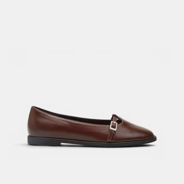 Brown leather ballerina pump with square buckle strap and low block heel