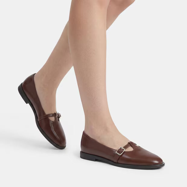 Brown leather ballerina pumps, almond toe and square buckle strap, low block heel