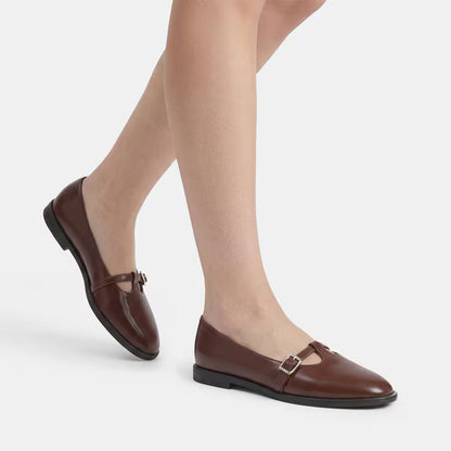 Brown leather ballerina pumps, almond toe and square buckle strap, low block heel