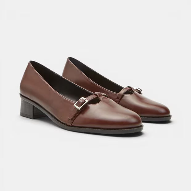 Brown leather block heel pumps with double strap and silver buckle hardware.
