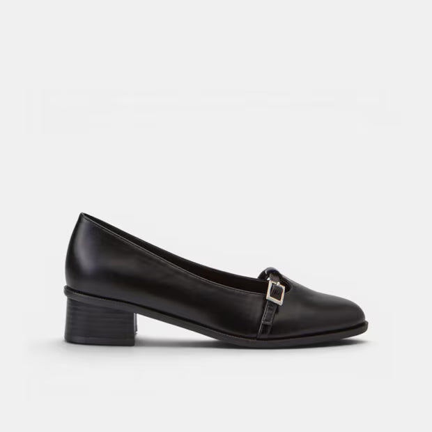 Black leather block-heel pump with square toe and side buckle strap
