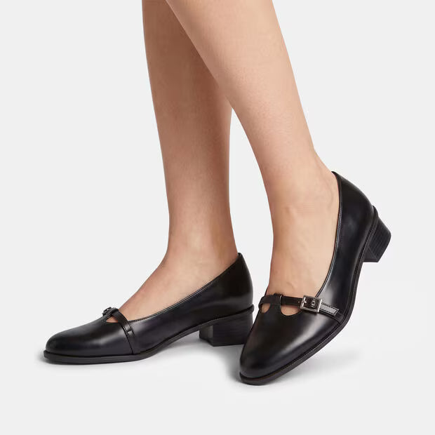 Black leather block-heel pumps with square toe and buckle strap detail