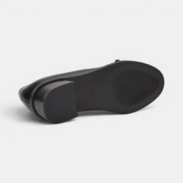 Bottom view of black leather block-heel pump showing sole and heel tread