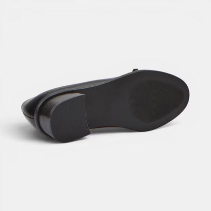 Bottom view of black leather block-heel pump showing sole and heel tread